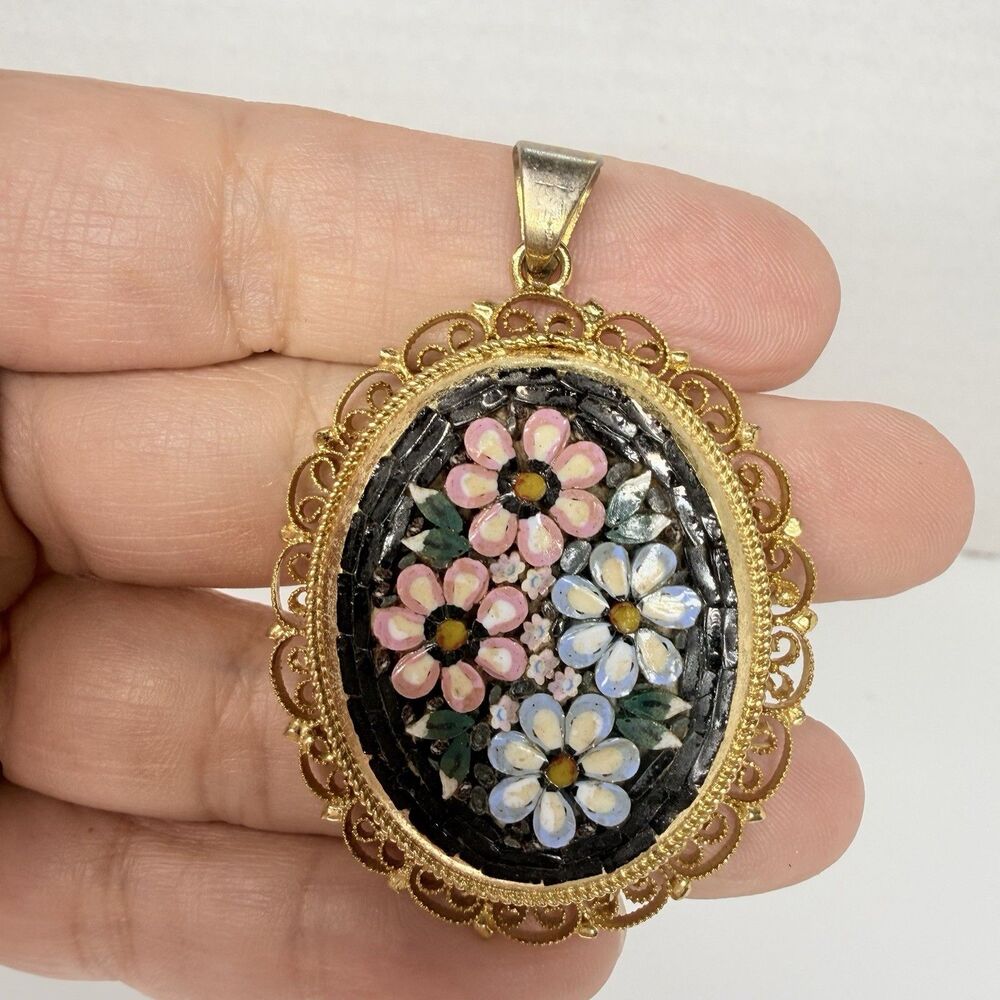 Vintage Italian Micro Mosaic Oval Pendant Gold Tone Filigree Floral Design